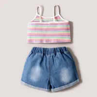 Clothing Sets Suits Baby Children Girls Spring Autumn Striped Camisole Top Denim Shorts E15494