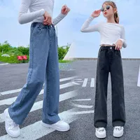Pantolonlar çocuklar genç kız bahar sonbahar kızları 5 6 8 10 12 14yers denim kot pantolonlar çocuklar için geniş bacak pantolonları streç