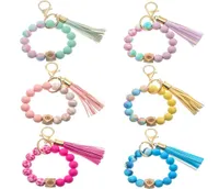 Colorful Silicone Beaded Bracelet Keychain Ladies Girls Tassel Keyring Jewelry Accessories7256244
