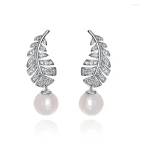 Stud Earrings Feather Pearls 925 Silver Plated 18K Gold WHITE DIAMOND 6A Cubic Zirconia Studs Drop Earring Jewelry Gifts For Her