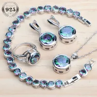 Pendant Necklaces 925 Sterling Silver Jewelry Sets Bridal Women Natural Magic Rainbow Zircon Earrings Ring Bracelets Wedding Necklace Set 221207