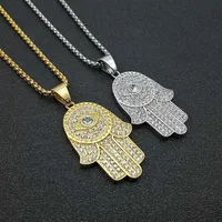 Hip Hop Iced Out Hamsa Hand Of Fatima Turkish Eye Pendant Necklace Gold Color Stainless Steel Chain For Men Jewelry Drop Necklaces310E