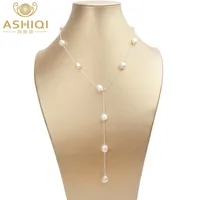 Chokers ASHIQI Real 925 Sterling Silver Long Chain Necklace 8-9mm Natural Baroque Freahwater Pearl Jewelry for Women Ladies Gift 221207