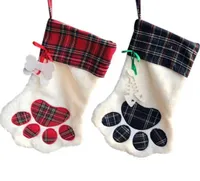 Christmas Stocking Monogrammed Pet Dog Cat Paw Gift Bag Plaid Xmas Stockings Christmas Tree Ornaments Party Decor 2 Styles stock1329588