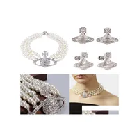 Bracelet Necklace Luxurious Western Queen Threetiered White Pearl Bracelets Fl Diamond Retro Planet Pendant Punk Style Designer Je Dhezp