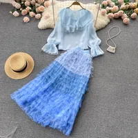 Work Dresses Sweet Gradient Maxi Long Cakee Mesh Skirt Set Ruffled Sleeved Blouse A-line Ankle Tulle 2-Piece Clothing