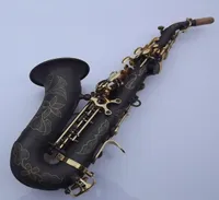 Anpassad svart ny BB Tune Music Instrument Golden Key Quality Curved Soprano Sax med munstycket7548512