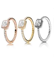 REAL 925 Sterling Silver CZ Diamond خاتم الماس مع شعار مربع أصلي FIT Pandora Style 18K الذهب Gold Wedding Ring Jewelry for Wom3793279