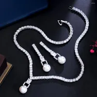 Brincos de colar Set Beaqueen Fashion Pearl Drop Long For Women White Czz Crystal Silver Color Tarol Jewelry JS357