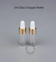 300pcsLot Whole 3ml Empty Glass Essential Oil Cosmetic Bottle Perfume Container 3cc Vial Pipette Dropper Gold Cap Pot7789553