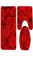 3pcs Bath Mat Set Red Rose Flowers Bathroom Rug Bathroom Anti Slip Shower Mat and Toilet Sets5079602