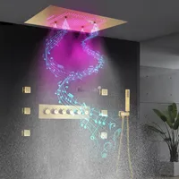 Lyxigt badrumsduschsystem 24x32 tum LED duschhuvud med musikhögtalare Mist Rain and Waterfall Thermostatic Shower Set