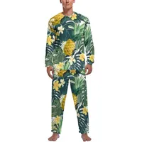 Pijama de impressão floral tropical de roupas de sono masculina Autumn 2 peças Luz de abacaxi de abacaxi
