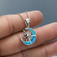 Vrouwen S925 Sieraden Blue Opal Unicorn Moon Pendant Necklace 925 Sterling Silver For Gift307S
