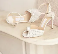 Women Wedding dress bride shoes White Satin Platform Sandals with AllOver Pearl Embellishment sandal high heel platforms chunky h8077385