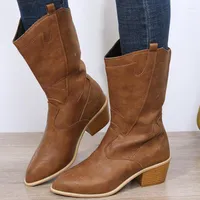Boots 2022 Womens Cowboy Bottine Femme Vintage Pointed Toe Mid Calf Square Heels Knee High Slip On Booties Botas De Mujer