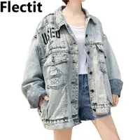 Flectit koreansk stil överdimensionerad pojkvän denimjacka för kvinnor grafik använde tvättad denim långärmad vintage jean jacka coat332y