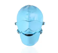 Blue Bondage Gear Head Mask Mask Hood met mond Gag afneembaar oogmasker volwassen seksspeelgoed GN3118000401956864