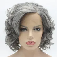 IWONA Hair Wavy curto 24# Old Wig Grey Half Hand Anexada Resistente ao Calor Lace Synthetic Front Wig245Z