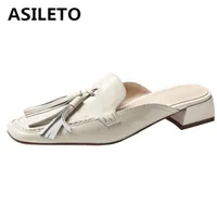 Slippers Asileto 2021 Comfort Plus Leisure Ladies Mules Tassel Square Toe Slingbacks 3cm Chunky Heel US10 11 Black Beige A43256353086