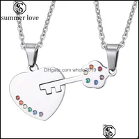 Pendant Necklaces Romantic Couple Heart Clock Key Necklace Colorf Rhinestone Choker Sier Chain For Women Fashion Valentine Day Drop Dhoma
