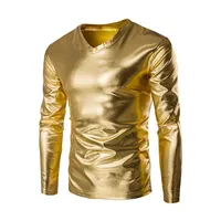 Mens Patent Deri Uzun Kollu T-Shirt Gece Kulübü Metalik Parlak Hip Hop Külot T-Shirt Serin Altın Kaplamalı Camiseta Tops159i