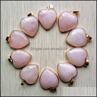 Charms Rose Quartzs Crystal Necklace Natural Stone Golden Side Heart Pendants Fashion Pärlor 20mm för DIY -smycken Making Gemstones Dr Dhmkn
