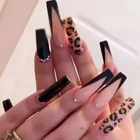 False Nails 24st Wearable Coffin Leopard Mystery Diamond Press On Long Ballet Stick Fake Nail Tips Full Cover Acrylic
