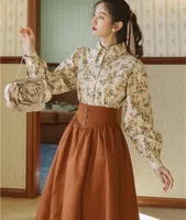 Work Dresses Korean Fashion Women Outfits Autumn Long Sleeve Print Flower Shirt Vintage Blouse Tops & Brown Maxi Skirt For Elegant Lady