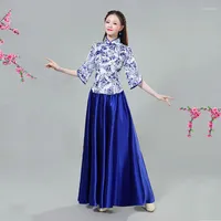 Ethnische Kleidung chinesische traditionelle Hanfu -Frauen im College -Stil klassisches Volksmusik Pipa Blau -Wei￟ -Porzellan Performance Kost￼m