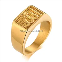 Ringos de cluster VNOX Square Top Ring For Men Gold Tom Gold Aço inoxidável Signo elegante Carta casual Carimbo ANEL 299 T2 Drop Deliver