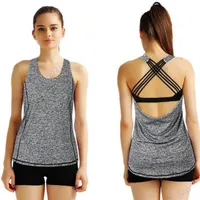 Tee-shirt de yoga gris f￩minin gris Sexy ￠ lani￨re Crisscross Sports Fitness Shirts Dry Fit Biking Running Burnout Tank top Blouse3379