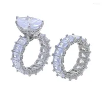Wedding Rings 5A Sparking Baguette Tear Drop CZ Engagement Ring Set Pink White Cubic Zirconia Luxury Women Full Finger