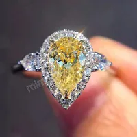 Gelbe Diamantwassertropfen Zirkon Ring Cluster Engagement Eheringe Geschenk Mode Fein Schmuck