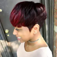 短いHuaman Hair Red Highlight Bangs Pixie Cut Straight Human Hair Capless Wigs for Black Woman Ombre Purple Royal Burgundy Color342a