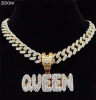 Pendant Necklaces Men Women Hip Hop KING QUEEN Letter Necklace With 13mm Miami Cuban Chain Iced Out Bling HipHop Fashion Jewelry9517291