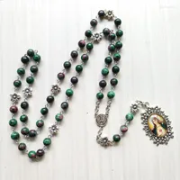 Collares colgantes Qigo Green Vintage Glass Beads Rosario Neckalce Virgen Collar largo para hombres Joyas religiosas