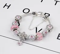 925 STERLING SITRING Pink Murano Glass Beads Charme Cherry Blossom Pulsera Cadena de serpiente Fit Pandora Joyer￭a europea Joyer￭a 8315654