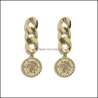 Dangle Chandelier New Vintage Flowers Engraved Round Coin Earrings For Women Long Twist Link Chain Elegant Pendant Jewelry Brincos Otkem