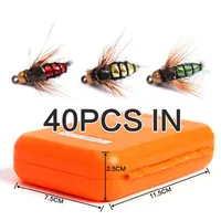 40pcs caja de pesca con mosca Vada de pesca Kit de señuelas de pescado Volas secas Gancos Feather Ala de cebo artificial Set287j