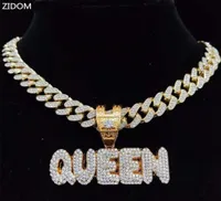 Pendant Necklaces Men Women Hip Hop KING QUEEN Letter Necklace With 13mm Miami Cuban Chain Iced Out Bling HipHop Fashion Jewelry1505445