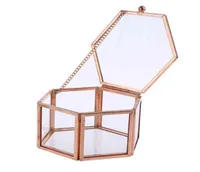 Zeshoek transparant roségoud glazen ringdoos trouwring doos geometrisch helder glazen sieradendoos organisator tabletopholder H2205051500628