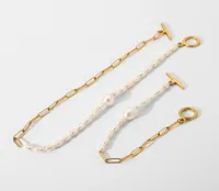 Linkkette 18K Gold plattiert Edelstahl Armband Halskette f￼r Frauen halbe S￼￟wasserperle OT Stick Schnalle Chokers Juwely4443129