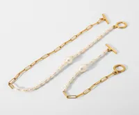Linkkette 18K Gold plattiert Edelstahl Armband Halskette f￼r Frauen halbe S￼￟wasserperlen ot Stabschnalle Chokers Juwely5201530