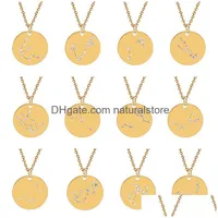 Pendant Necklaces Horoscope Zodiac Necklace For Women Crystal Gothic Jewelry Gold 12 Constellations Statement Round Coin Charm Choke Dhgxw