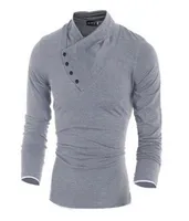 가을 남성 100면 경사 버튼 칼라 티셔츠 패션 남자 긴 슬리브 T 셔츠 슬림 핏 셔츠 솔리드 TEE2201954