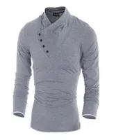 가을 남성 100면 경사 버튼 칼라 티셔츠 패션 남자 긴 슬리브 T 셔츠 슬림 핏 셔츠 솔리드 티 6101899