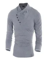 가을 남성 100면 경사 버튼 칼라 티셔츠 패션 남자 긴 슬리브 T 셔츠 슬림 핏 셔츠 솔리드 티 9166366