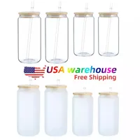 12oz 16oz USA Warehouse Water Bottles DIY Blank Sublimation Can Tumblers Shaped Beer Glass Cups with Bamboo Lid and Straw for Iced Coffee Soda GG0201