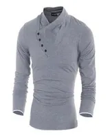 가을 남성 100면 경사 버튼 칼라 티셔츠 패션 남자 긴 슬리브 T 셔츠 슬림 핏 셔츠 솔리드 TEE227883